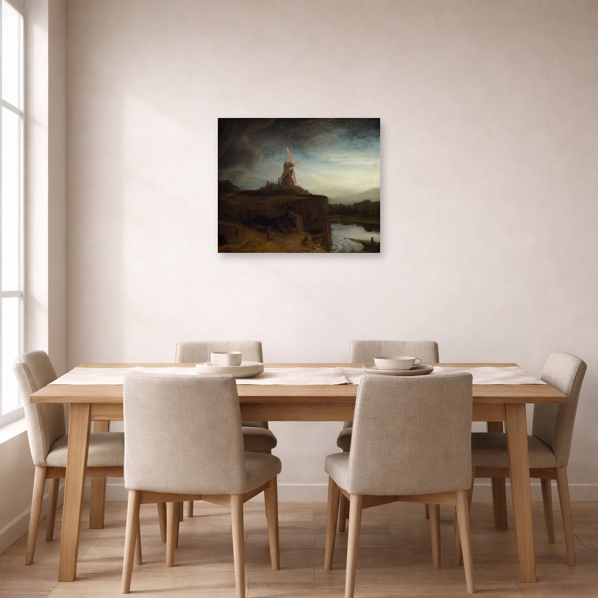 Unframed poster print of Rembrandt's The Mill displayed on a dining room wall