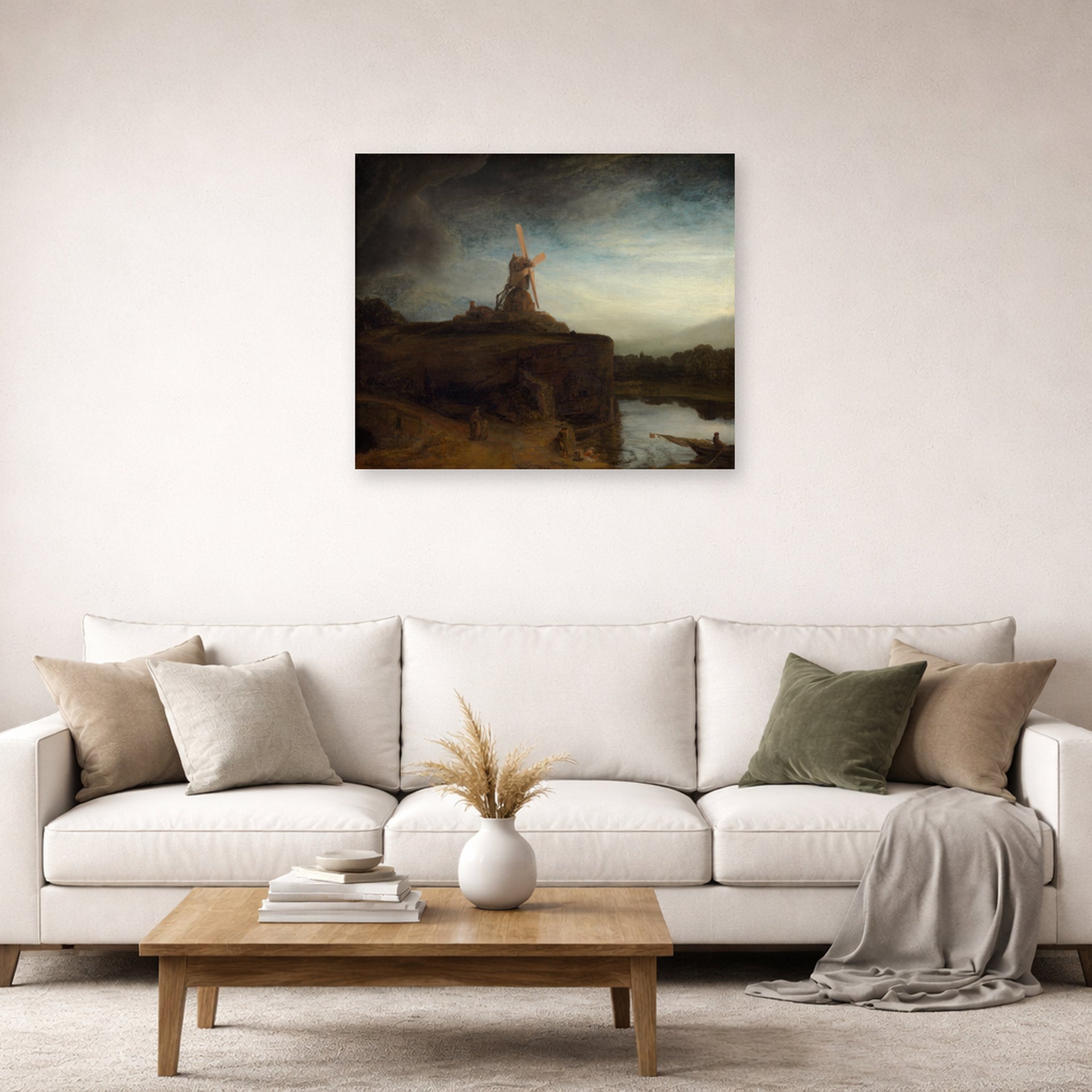 Unframed poster print of Rembrandt's The Mill displayed in a living room, view 2