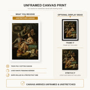 Rembrandt - The Music Party canvas print size comparison and framing display infographic