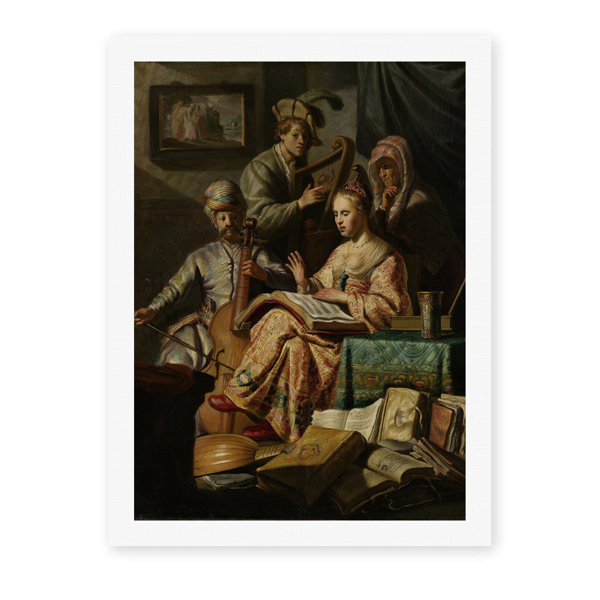 Rembrandt's 'The Music Party' painting reproduced as a rolled canvas print