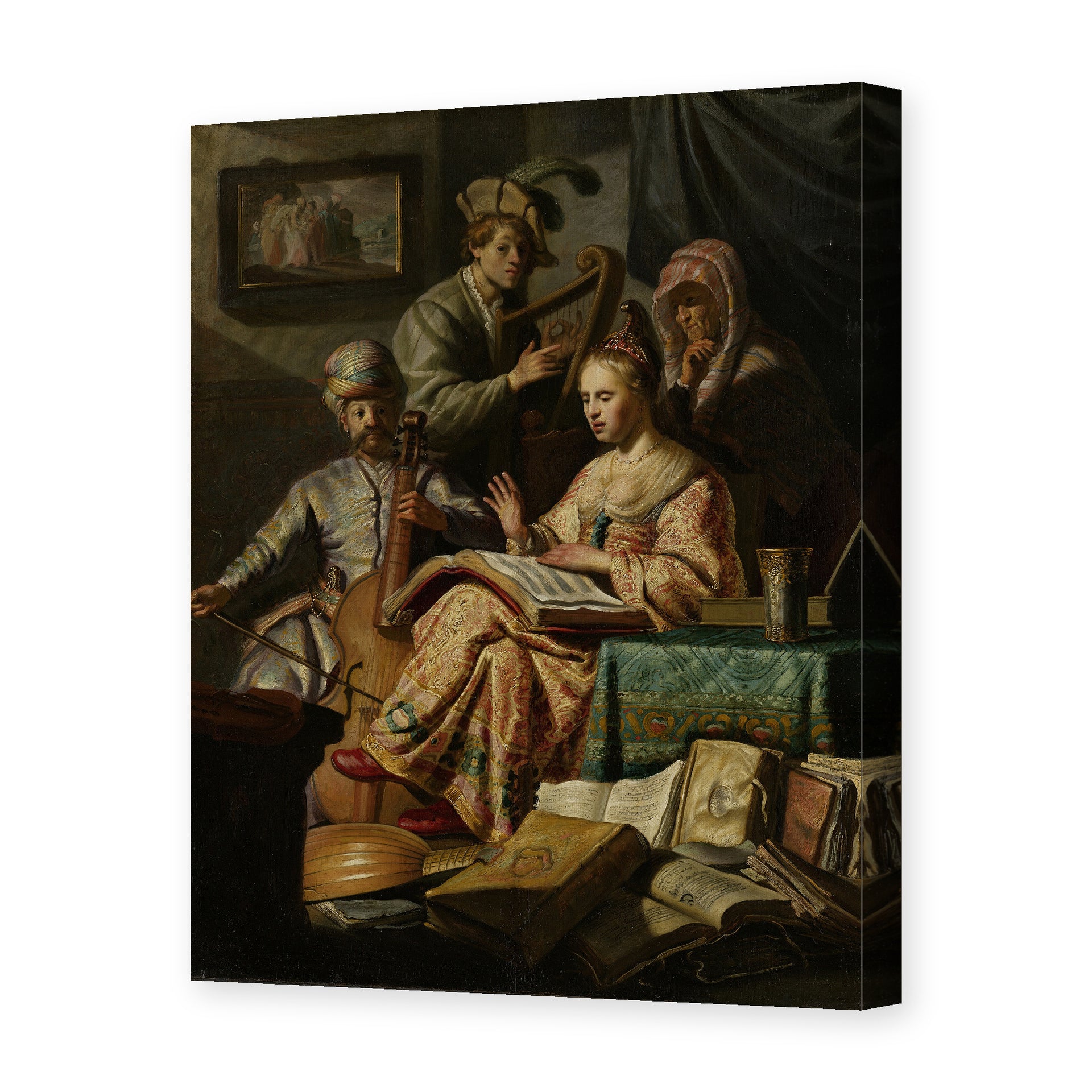 Rembrandt's 'The Music Party' painting reproduced as a gallery-wrapped canvas print