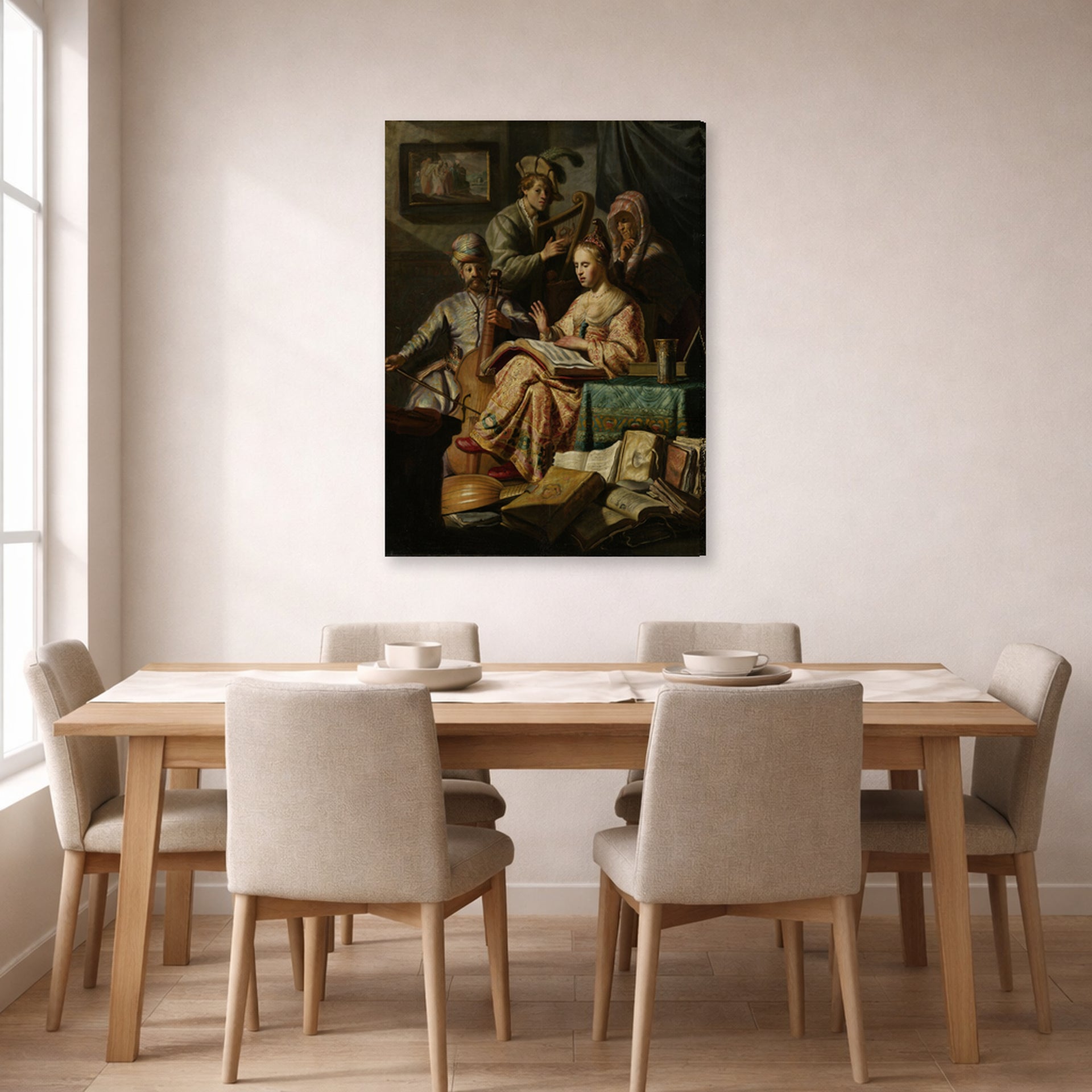 Gallery-wrapped canvas print of Rembrandt's The Music Party displayed on a wall in a dining room