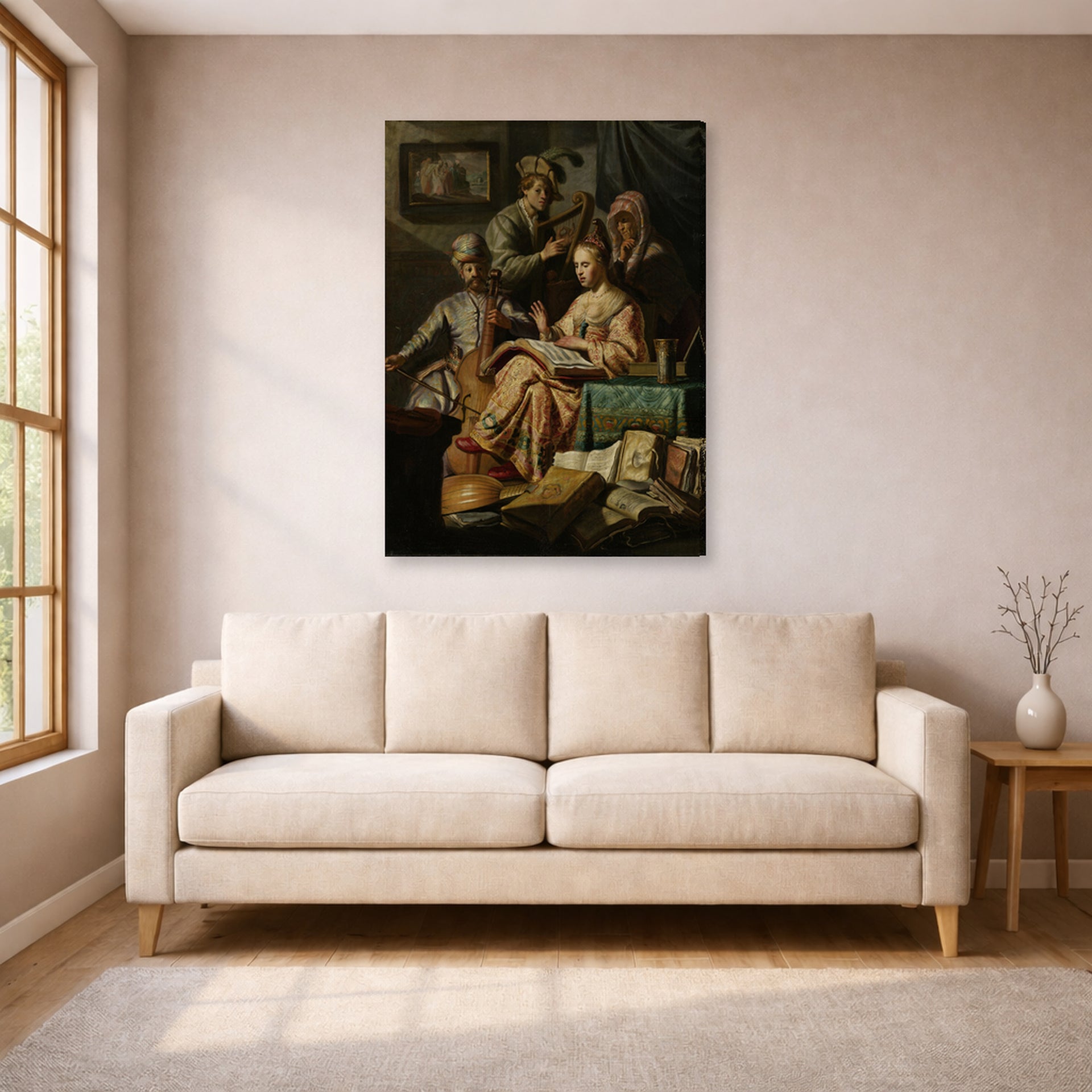 Gallery-wrapped canvas print of Rembrandt's The Music Party displayed on a wall in a living room