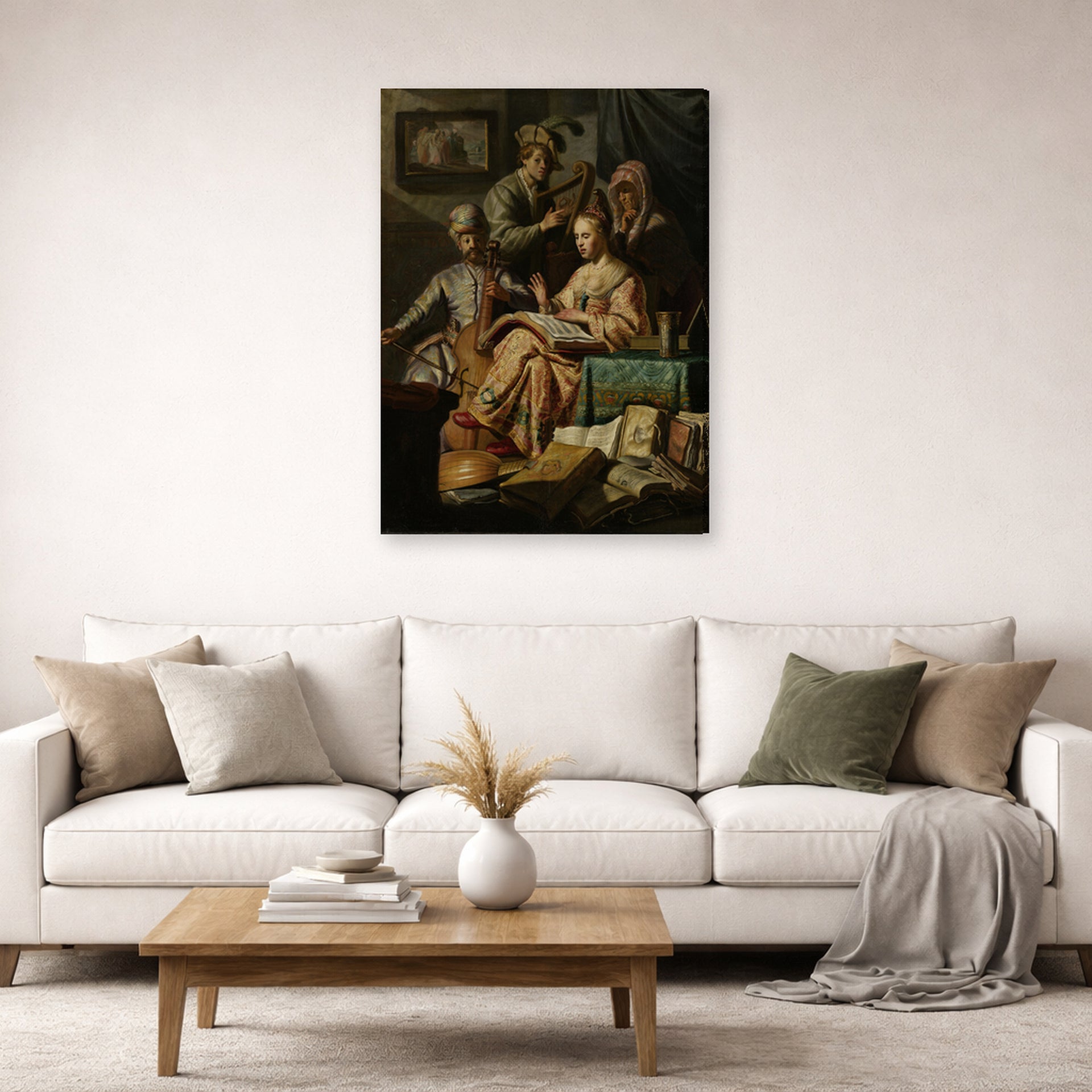 Gallery-wrapped canvas print of Rembrandt's The Music Party displayed on a wall in a living room