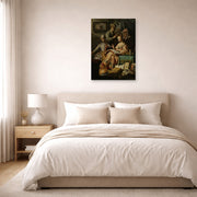Unframed poster print of Rembrandt's The Music Party displayed on a wall in a bedroom