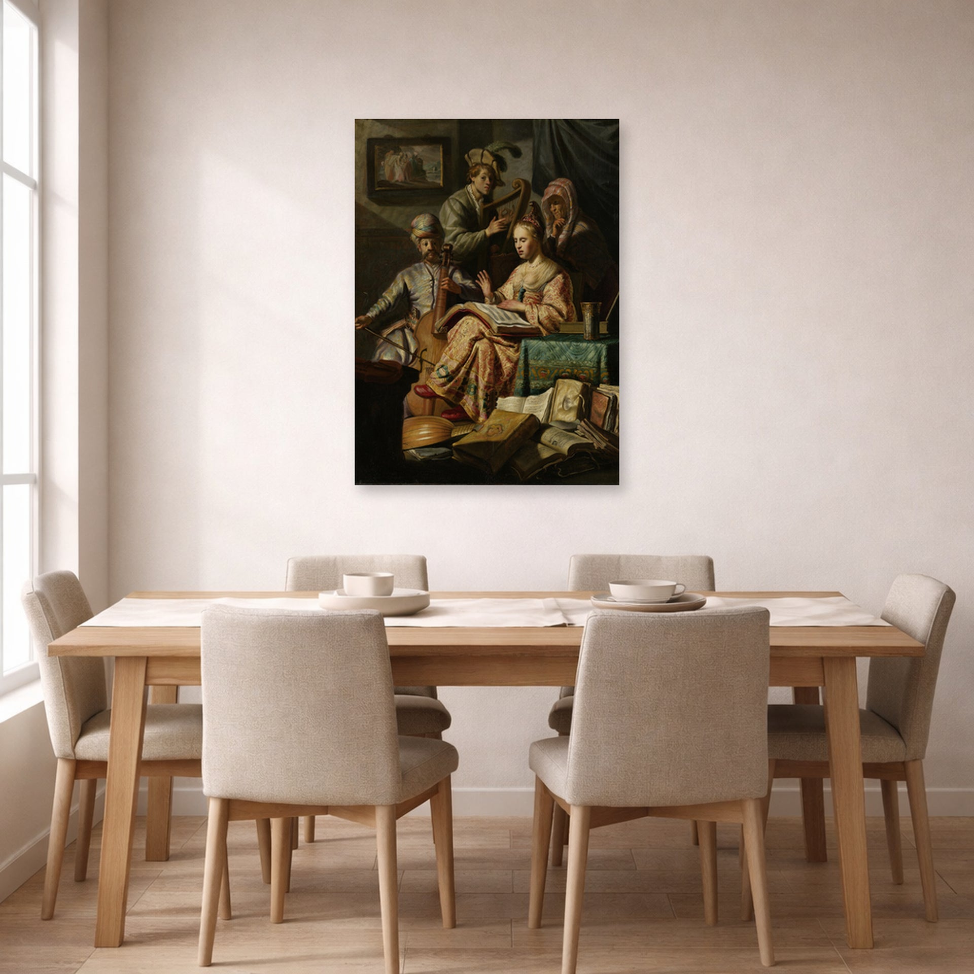 Unframed poster print of Rembrandt's The Music Party displayed on a wall in a dining room