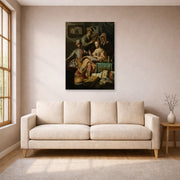 Unframed poster print of Rembrandt's The Music Party displayed on a wall in a living room