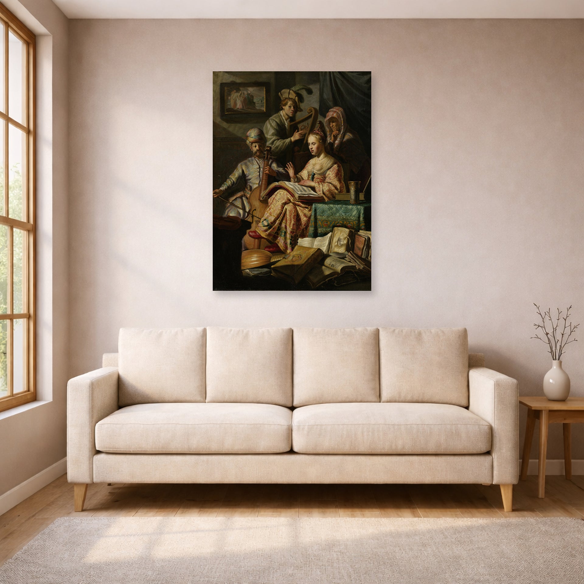 Unframed poster print of Rembrandt's The Music Party displayed on a wall in a living room
