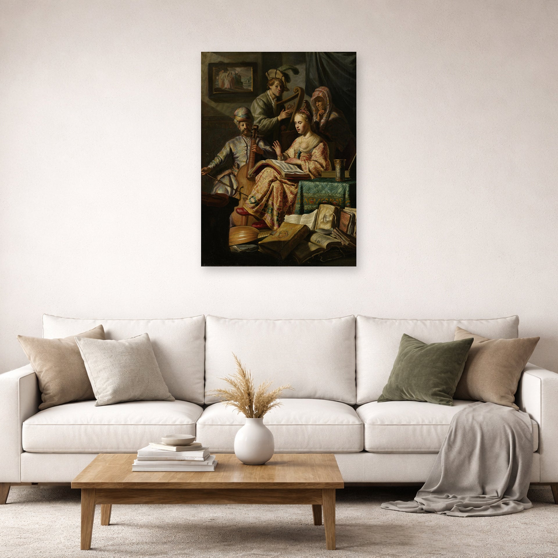 Unframed poster print of Rembrandt's The Music Party displayed on a wall in a living room