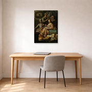 Unframed poster print of Rembrandt's The Music Party displayed on a wall in an office