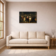 Gallery-wrapped canvas print of Rembrandt's The Night Watch displayed on a wall in a living room