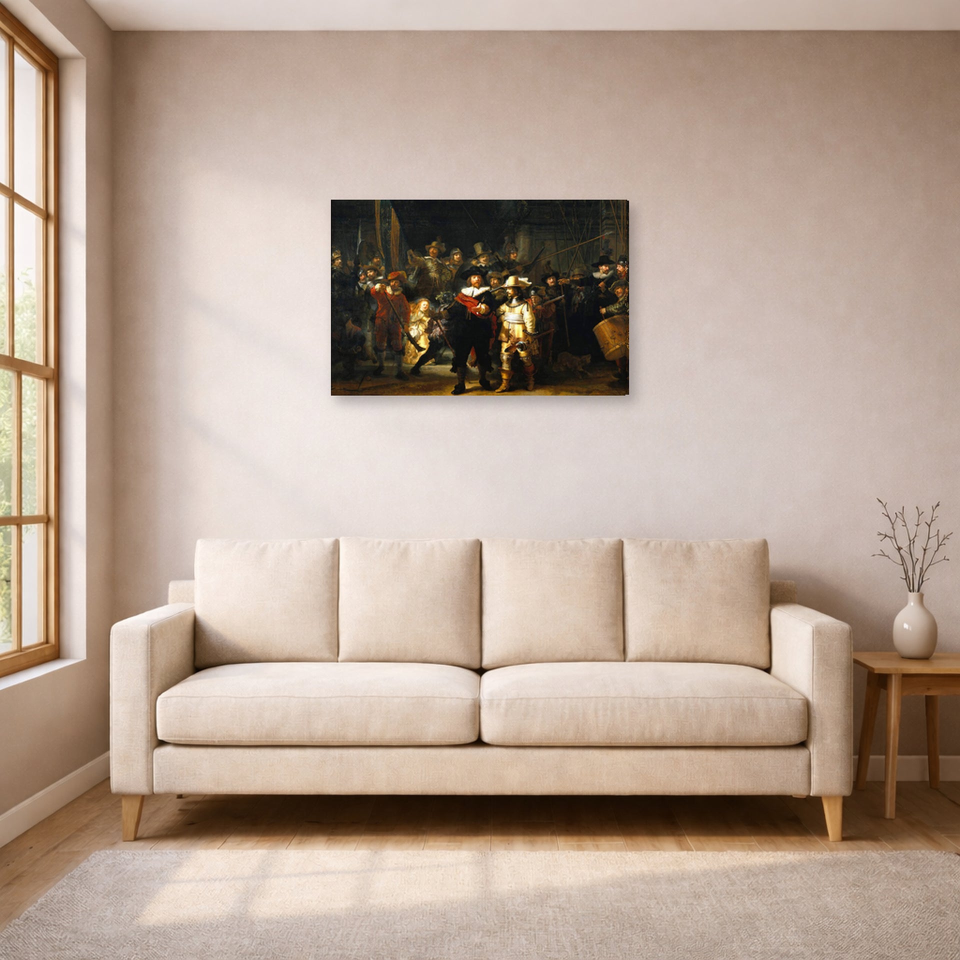 Gallery-wrapped canvas print of Rembrandt's The Night Watch displayed on a wall in a living room
