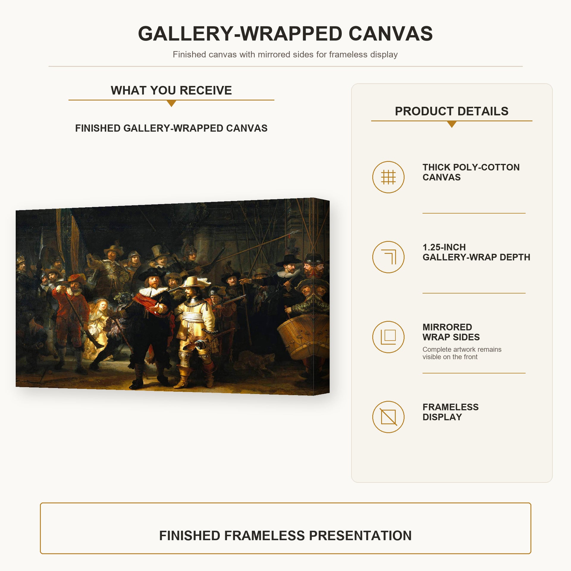Rembrandt - The Night Watch gallery wrap canvas construction and hanging details infographic