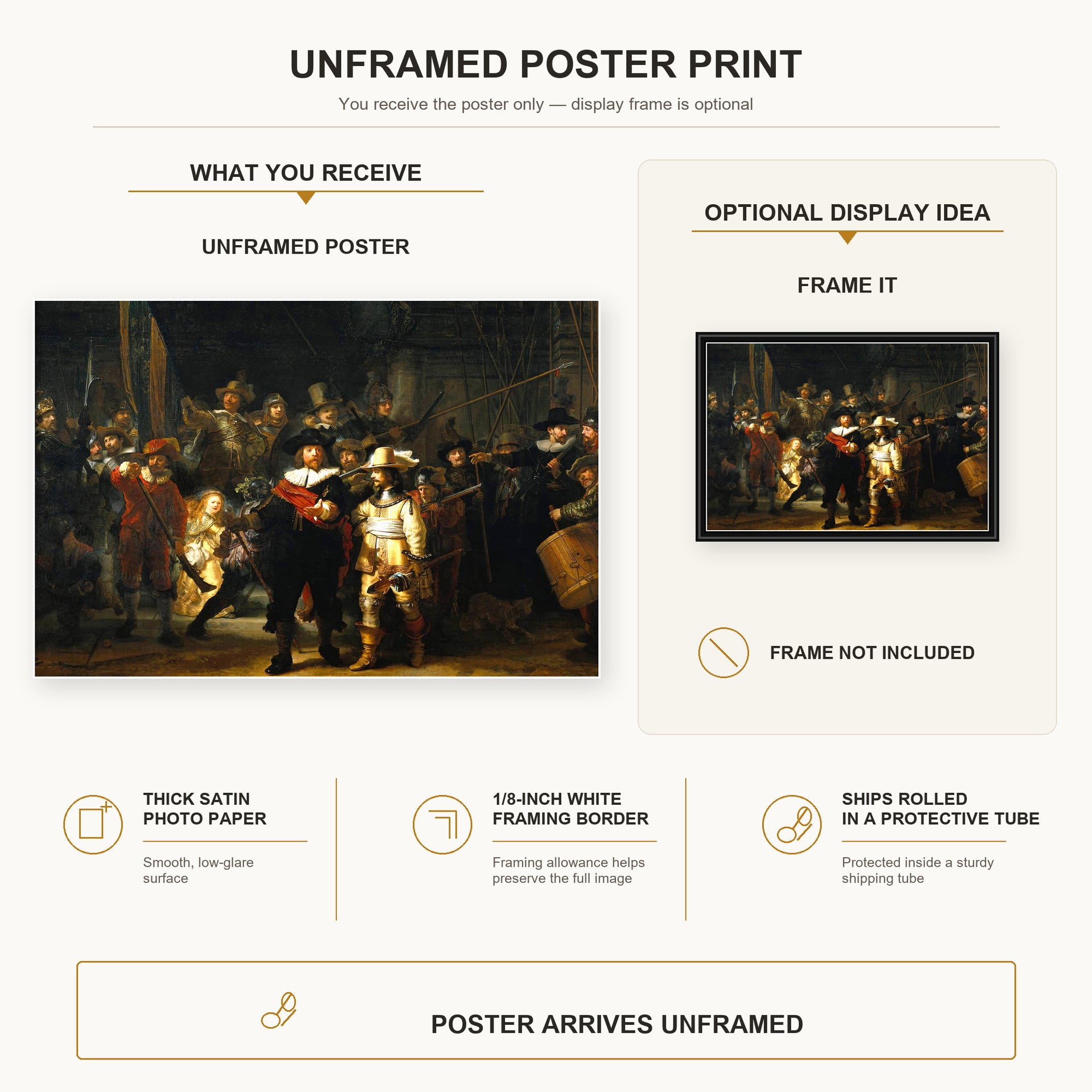 Rembrandt - The Night Watch poster print size comparison and framing display infographic