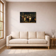 Unframed poster print of Rembrandt's The Night Watch displayed on a wall in a living room