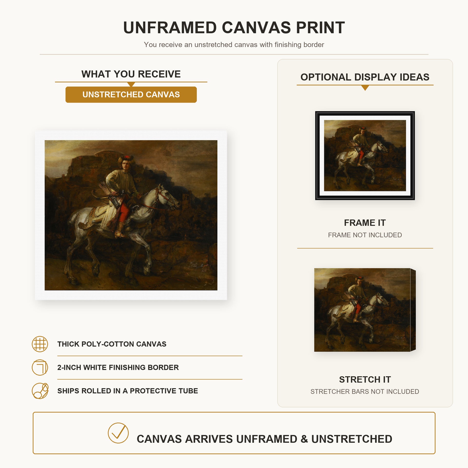 Rembrandt - The Polish Rider canvas print size comparison and framing display infographic