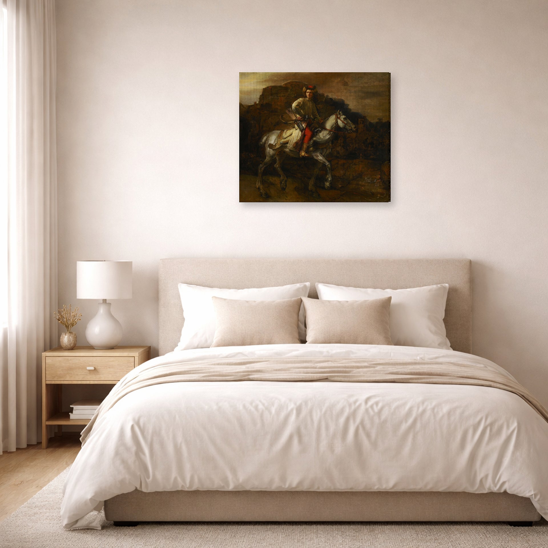 Gallery-wrapped canvas print of Rembrandt's The Polish Rider displayed on a wall in a bedroom