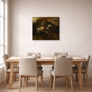 Gallery-wrapped canvas print of Rembrandt's The Polish Rider displayed on a wall in a dining room