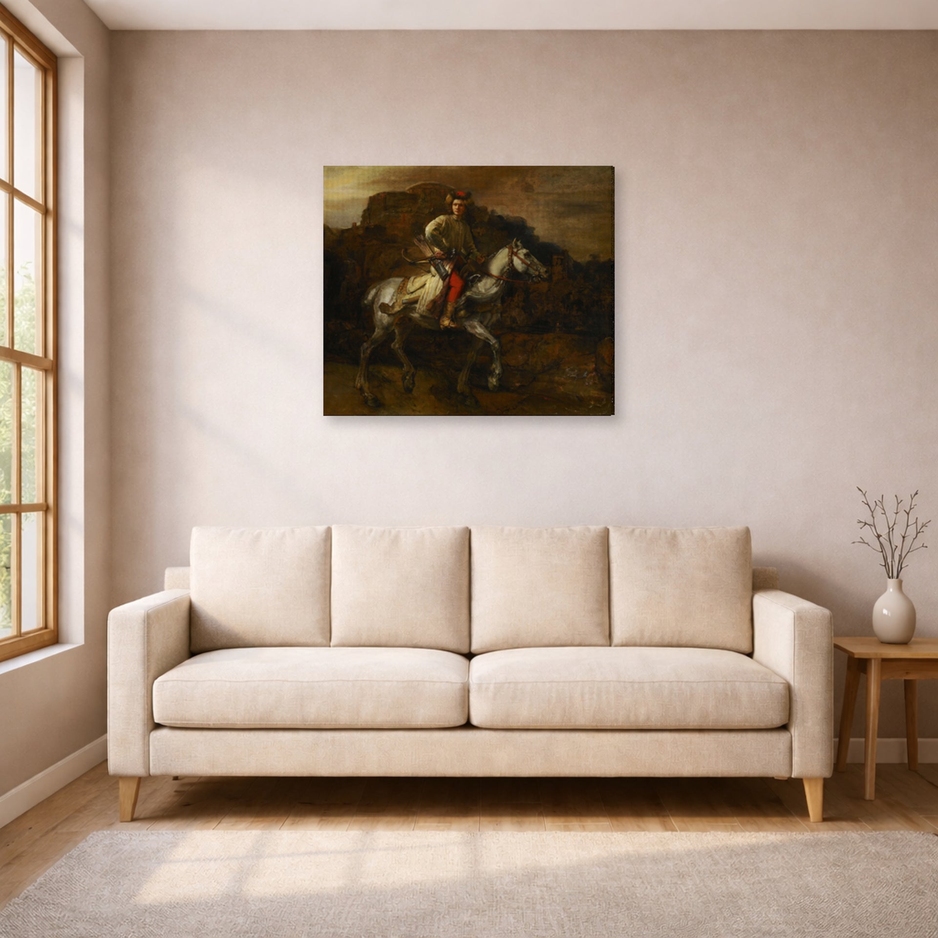 Gallery-wrapped canvas print of Rembrandt's The Polish Rider displayed on a wall in a living room
