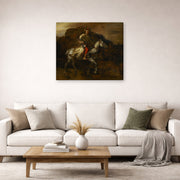 Gallery-wrapped canvas print of Rembrandt's The Polish Rider displayed on a wall in a living room