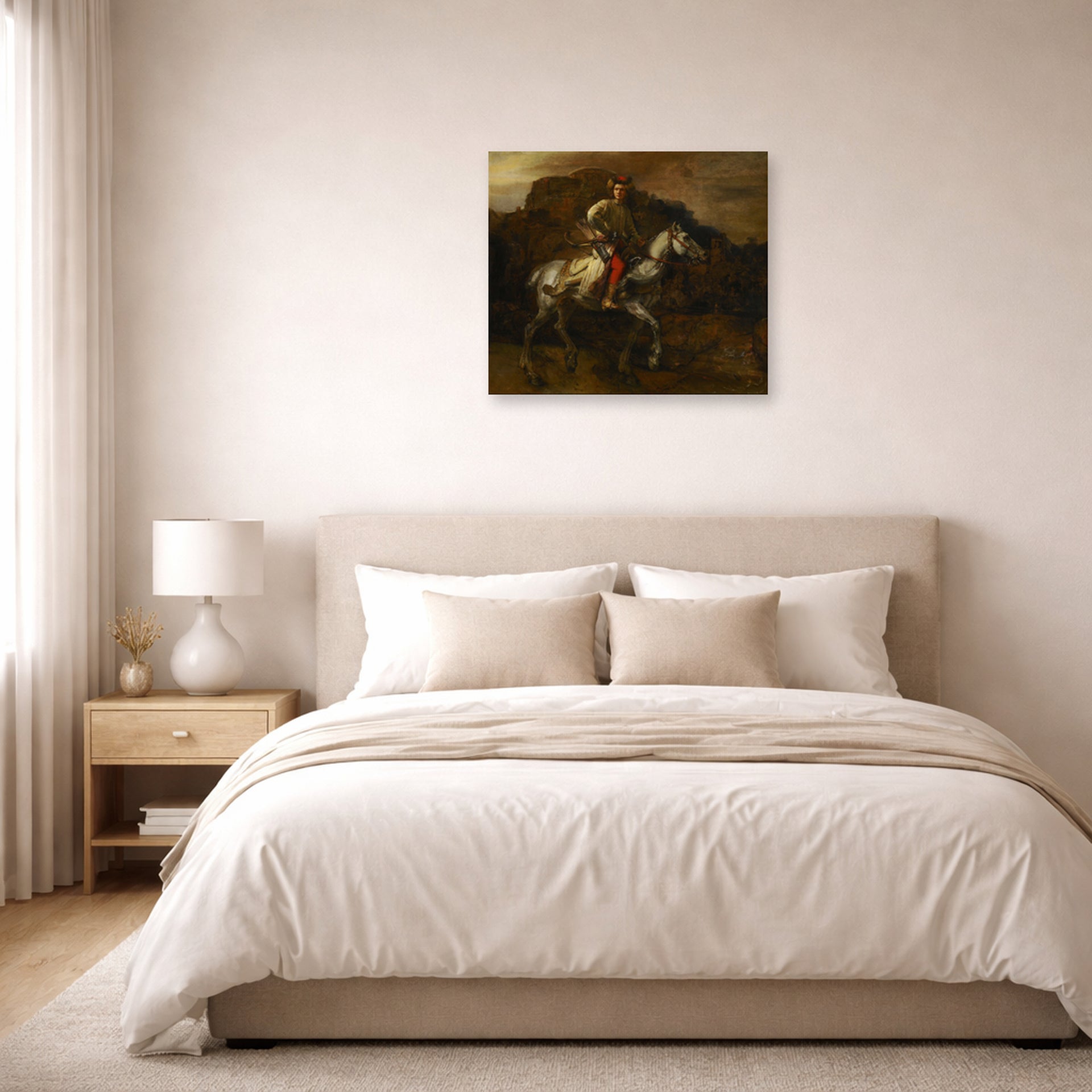 Unframed poster print of Rembrandt's The Polish Rider displayed on a wall in a bedroom