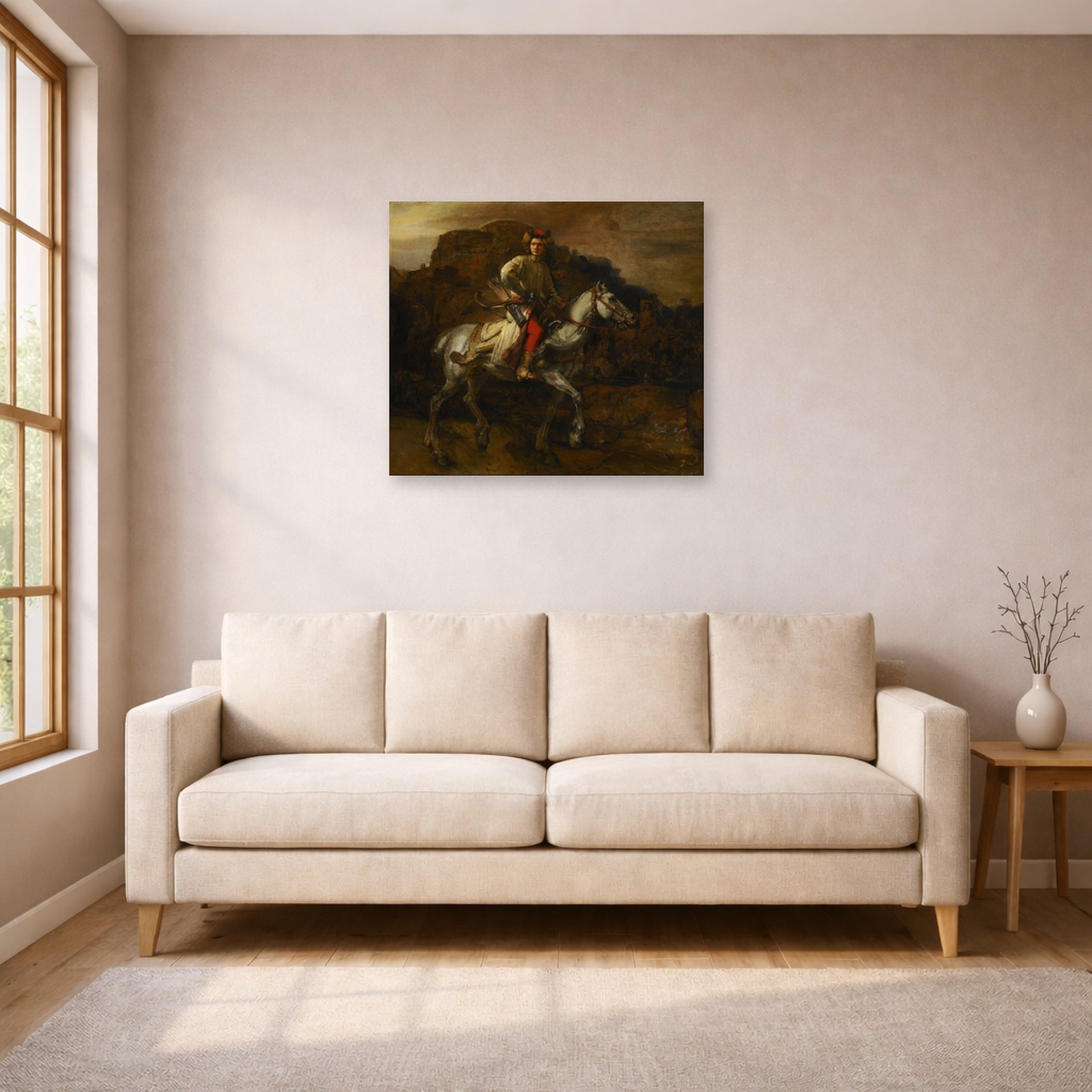 Unframed poster print of Rembrandt's The Polish Rider displayed on a wall in a living room