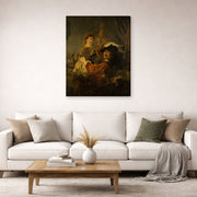 Gallery-wrapped canvas print of Rembrandt's The Prodigal Son in the Brothel displayed on a wall in a living room