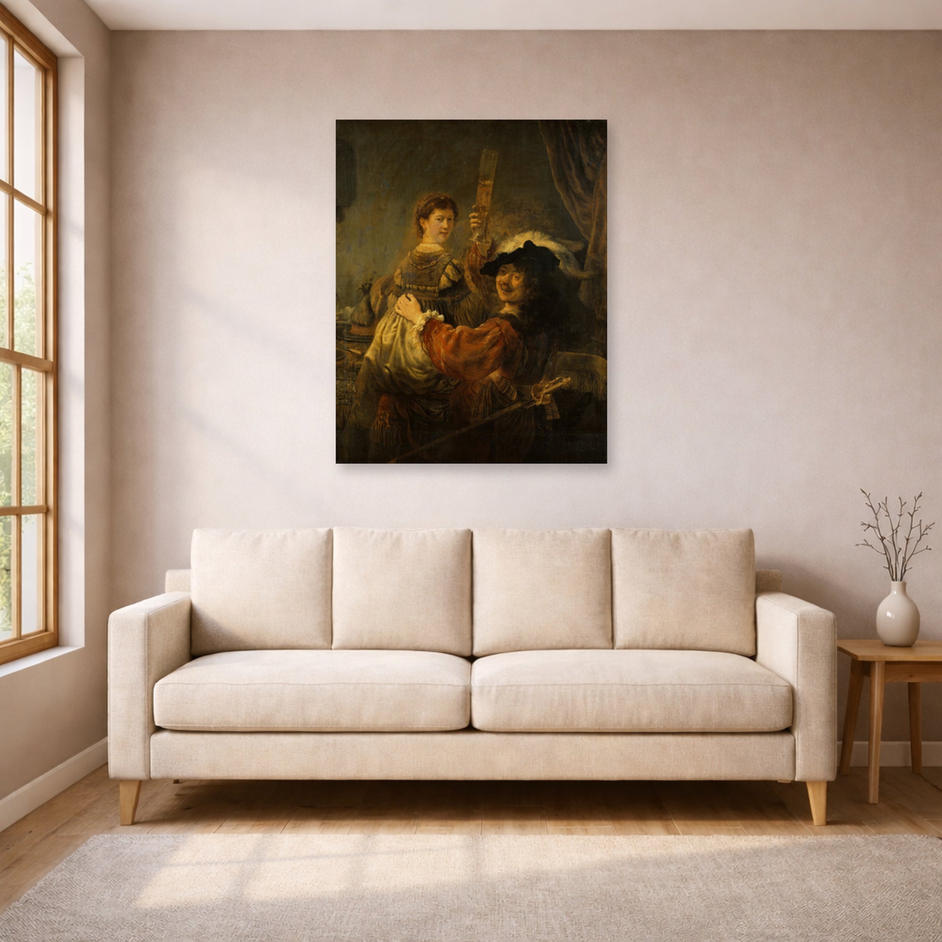 Unframed poster print of Rembrandt's The Prodigal Son in the Brothel displayed on a wall in a living room