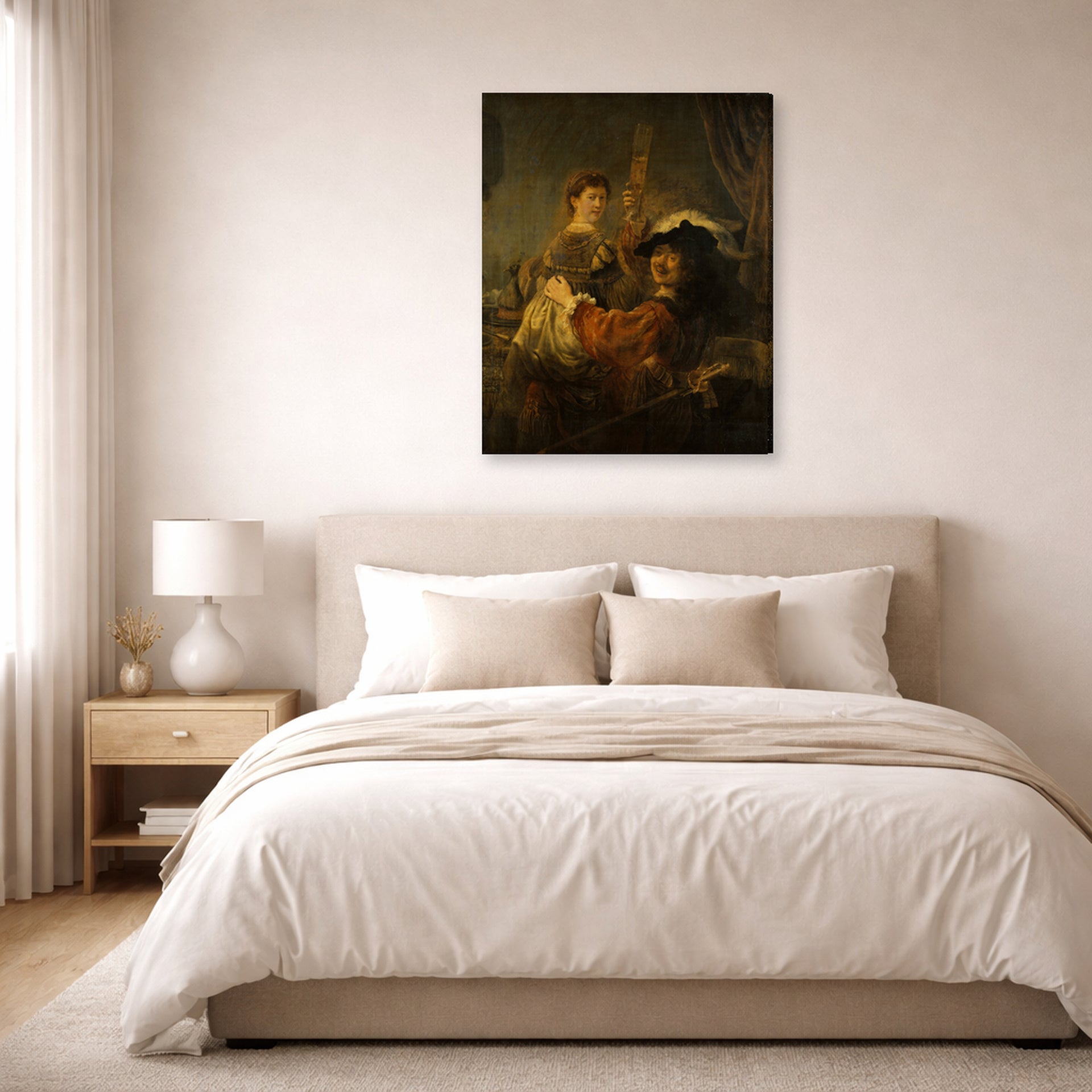 Gallery-wrapped canvas print of Rembrandt's The Prodigal Son in the Tavern displayed on a wall in a bedroom