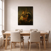 Gallery-wrapped canvas print of Rembrandt's The Prodigal Son in the Tavern displayed on a wall in a dining room