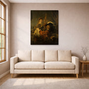 Gallery-wrapped canvas print of Rembrandt's The Prodigal Son in the Tavern displayed on a wall in a living room
