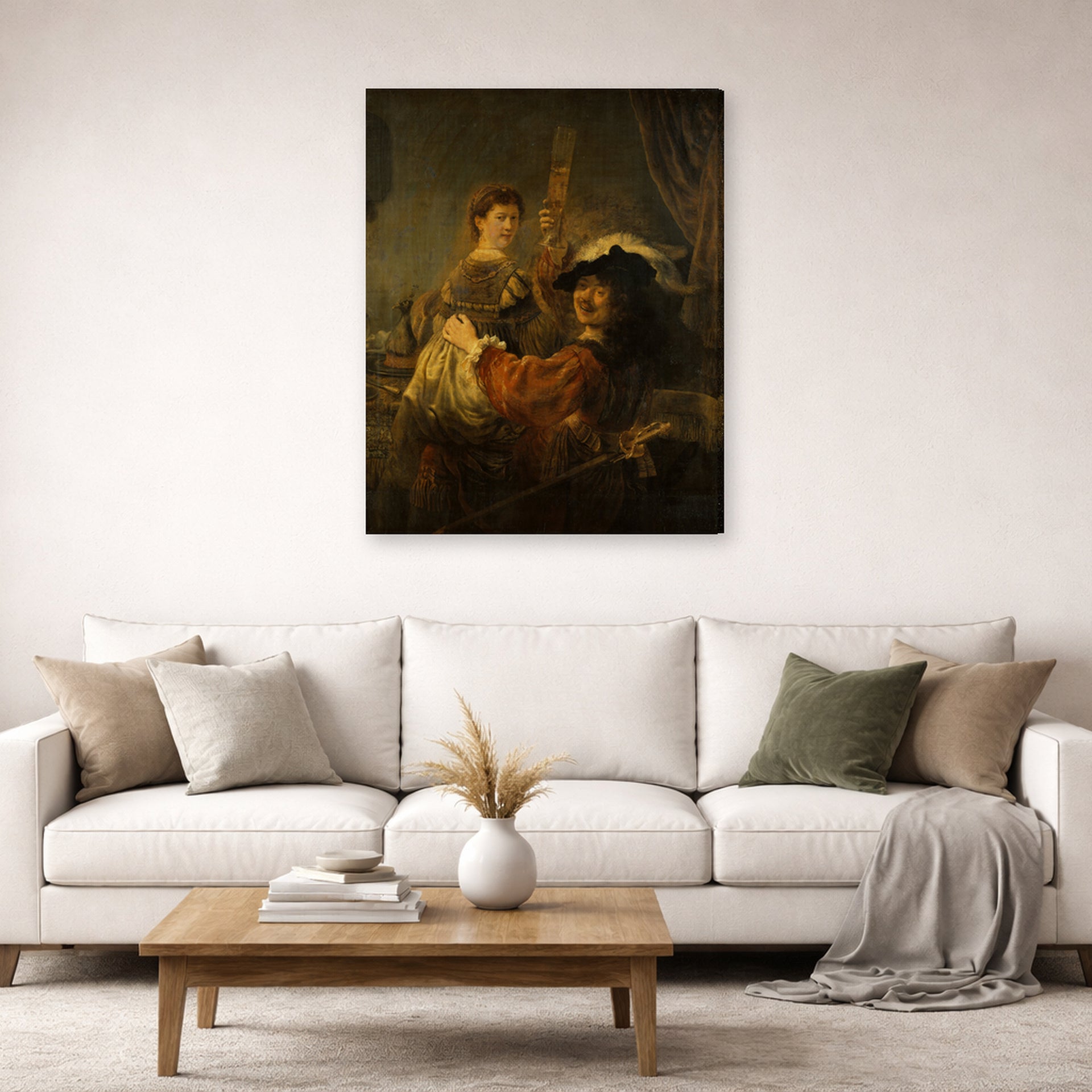 Gallery-wrapped canvas print of Rembrandt's The Prodigal Son in the Tavern displayed on a wall in a living room
