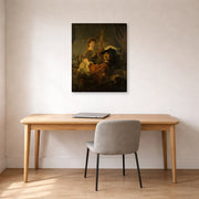 Gallery-wrapped canvas print of Rembrandt's The Prodigal Son in the Tavern displayed on a wall in an office