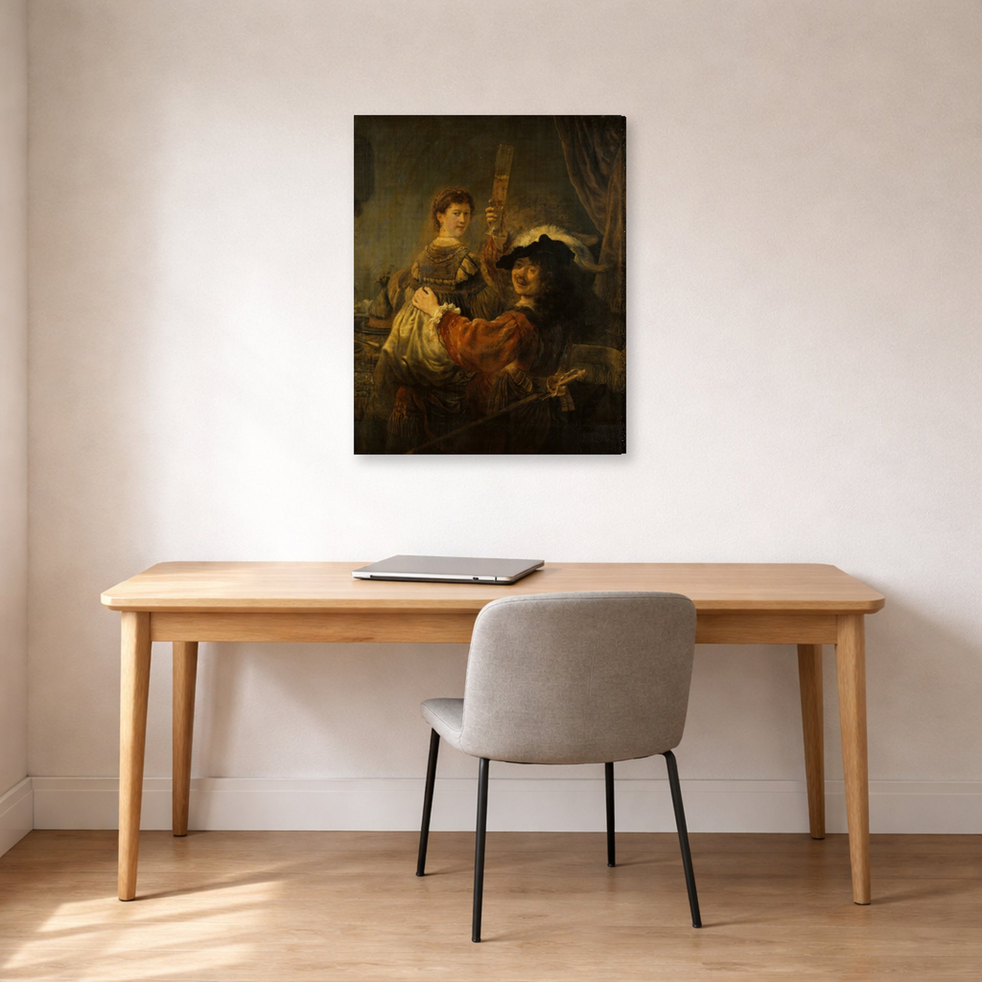 Gallery-wrapped canvas print of Rembrandt's The Prodigal Son in the Tavern displayed on a wall in an office