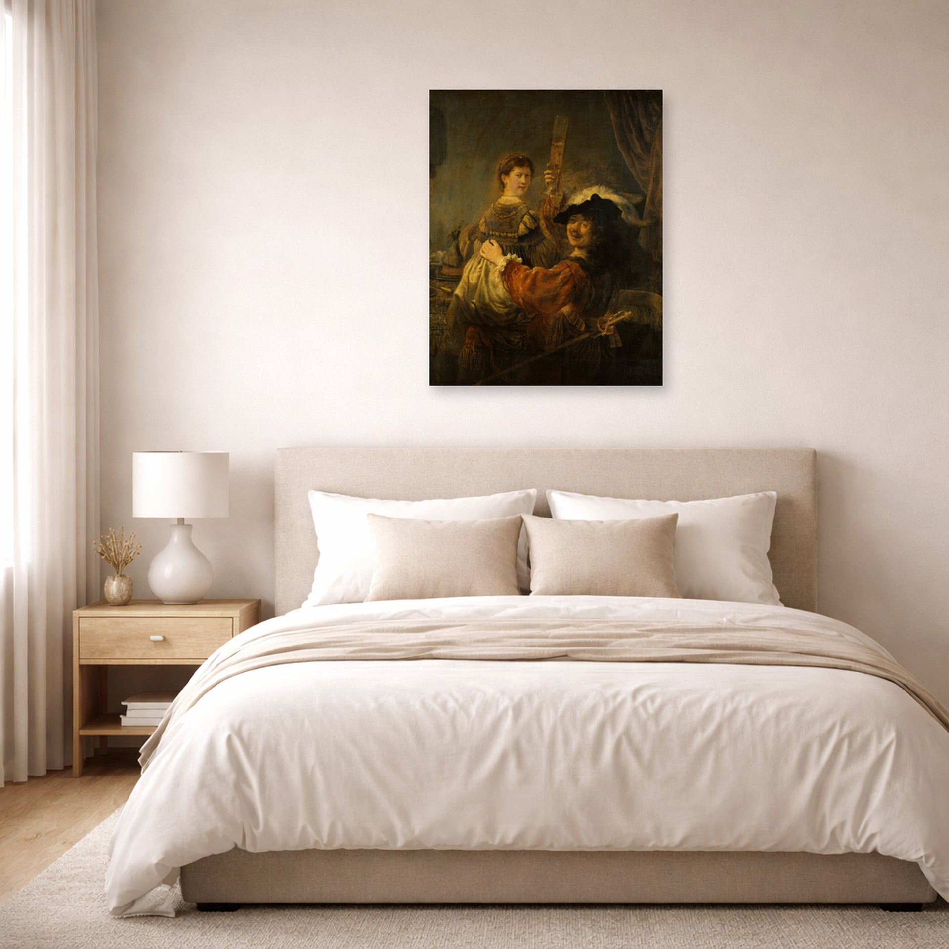 Unframed poster print of Rembrandt's The Prodigal Son in the Tavern displayed on a wall in a bedroom
