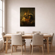 Unframed poster print of Rembrandt's The Prodigal Son in the Tavern displayed on a wall in a dining room