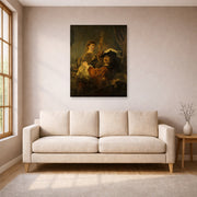 Unframed poster print of Rembrandt's The Prodigal Son in the Tavern displayed on a wall in a living room