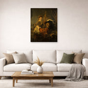 Unframed poster print of Rembrandt's The Prodigal Son in the Tavern displayed on a wall in a living room