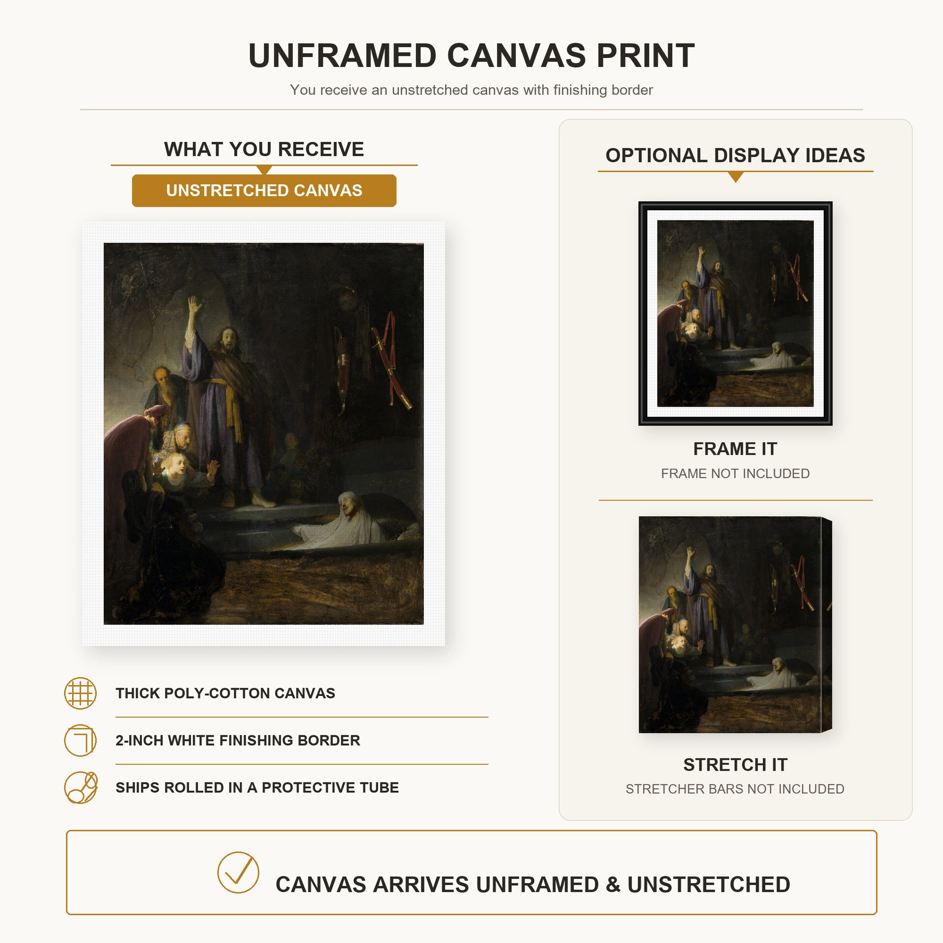 Rembrandt - The Raising of Lazarus canvas print size comparison and framing display infographic