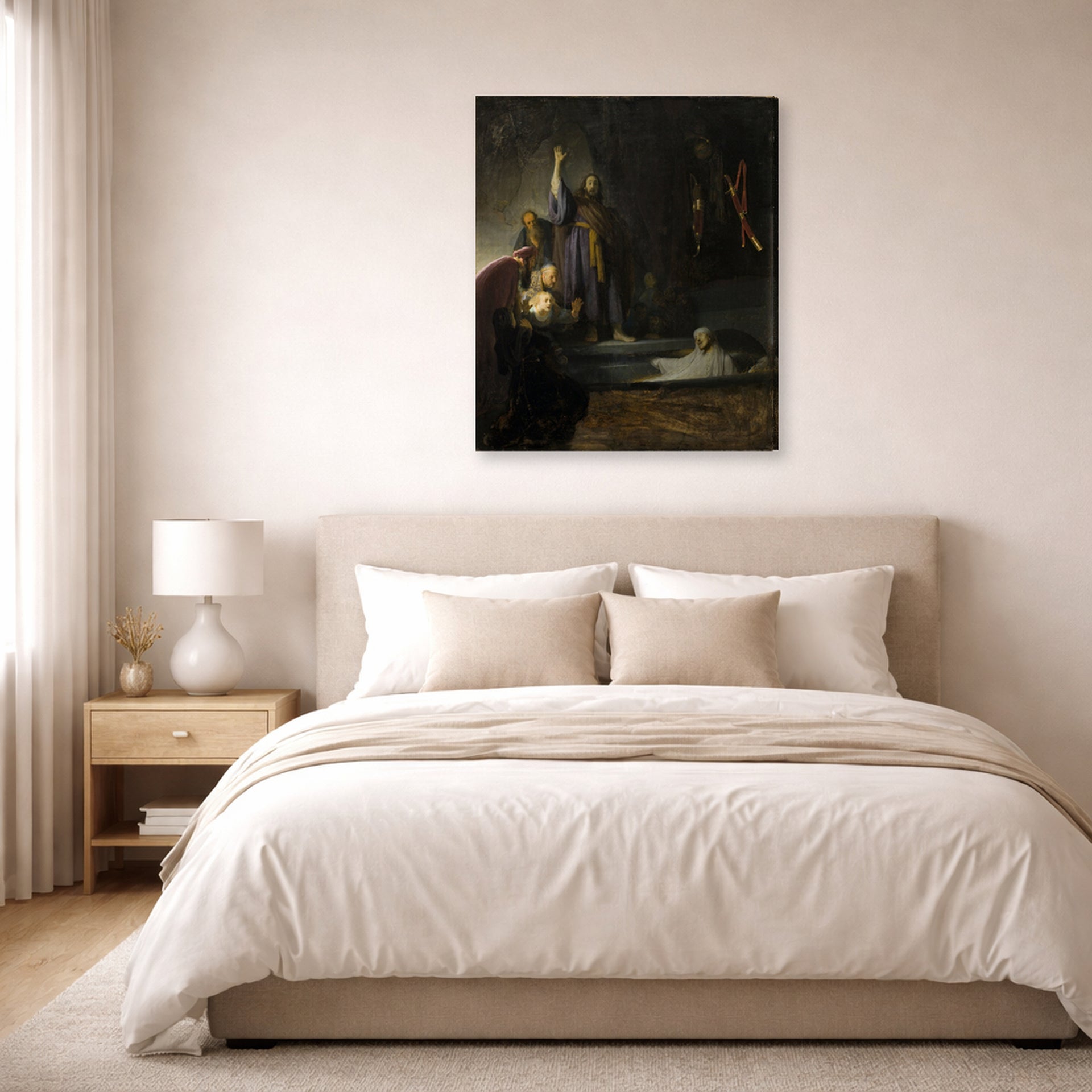 Gallery-wrapped canvas print of Rembrandt's The Raising of Lazarus displayed on a wall in a bedroom
