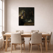 Gallery-wrapped canvas print of Rembrandt's The Raising of Lazarus displayed on a wall in a dining room