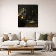 Gallery-wrapped canvas print of Rembrandt's The Raising of Lazarus displayed on a wall in a living room