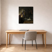 Gallery-wrapped canvas print of Rembrandt's The Raising of Lazarus displayed on a wall in an office