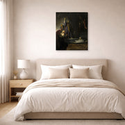 Unframed poster print of Rembrandt's The Raising of Lazarus displayed on a wall in a bedroom
