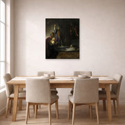 Unframed poster print of Rembrandt's The Raising of Lazarus displayed on a wall in a dining room