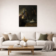 Unframed poster print of Rembrandt's The Raising of Lazarus displayed on a wall in a living room