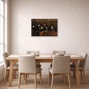 Gallery-wrapped canvas print of Rembrandt's The Sampling Officials displayed on a wall in a dining room