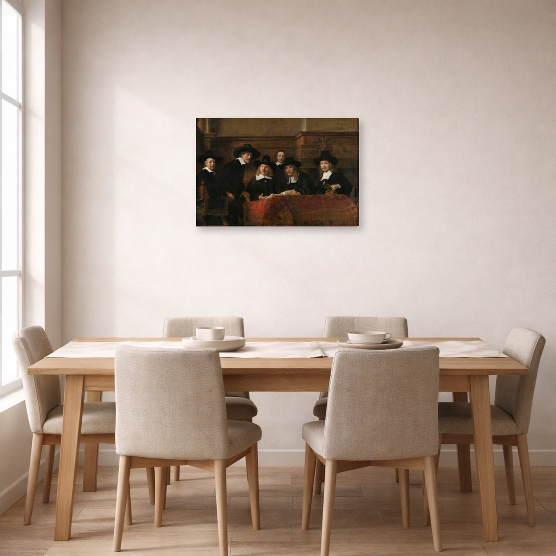 Gallery-wrapped canvas print of Rembrandt's The Sampling Officials displayed on a wall in a dining room