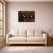 Gallery-wrapped canvas print of Rembrandt's The Sampling Officials displayed on a wall in a living room