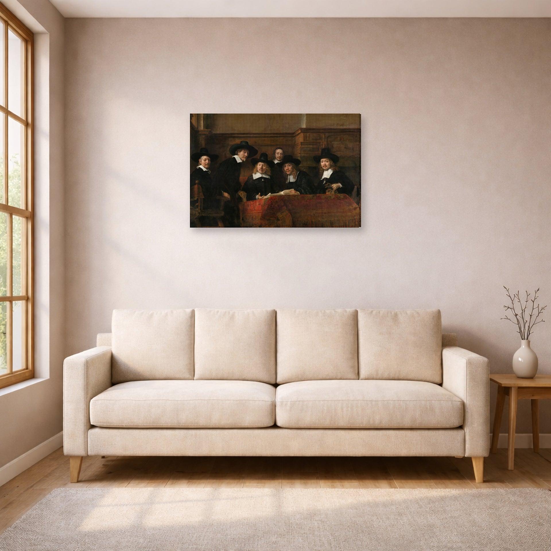 Gallery-wrapped canvas print of Rembrandt's The Sampling Officials displayed on a wall in a living room